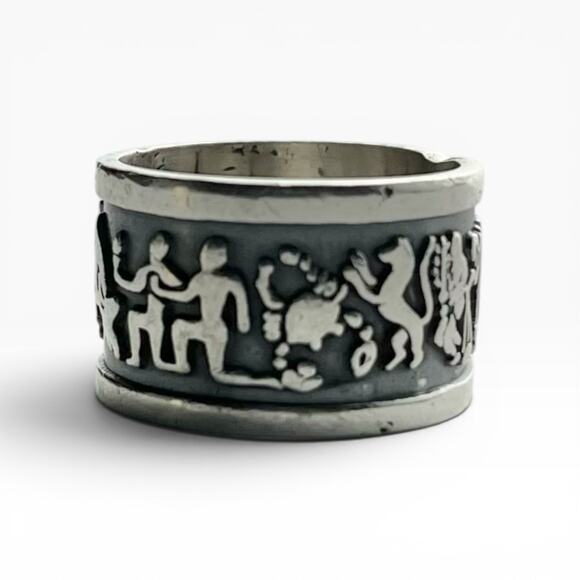 Taxco Jewelry - 1960s Mayan Astrology Zodiac Oxidized .925 Silver Band Ring, Size 7.5 Mexico